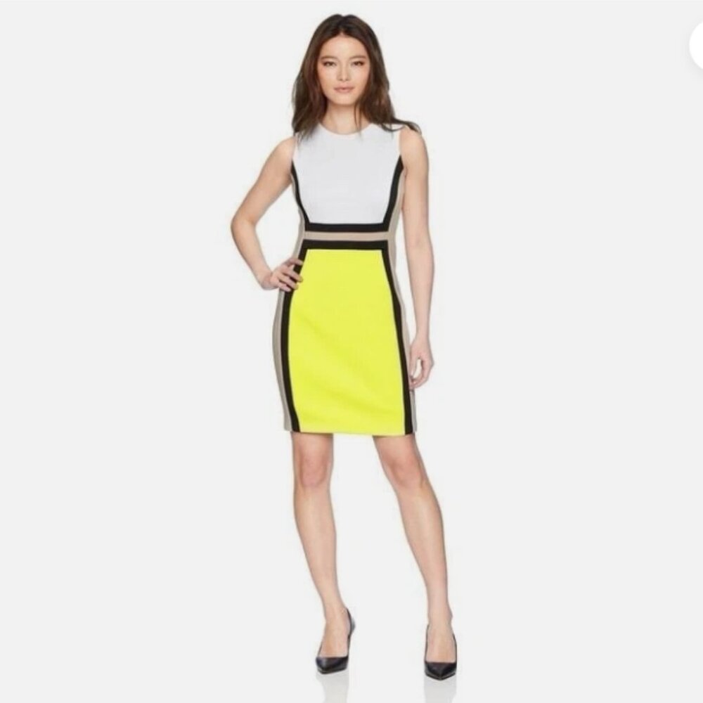 Calvin Klein White and Yellow Citron Scuba Sheath Dress with Black Trim